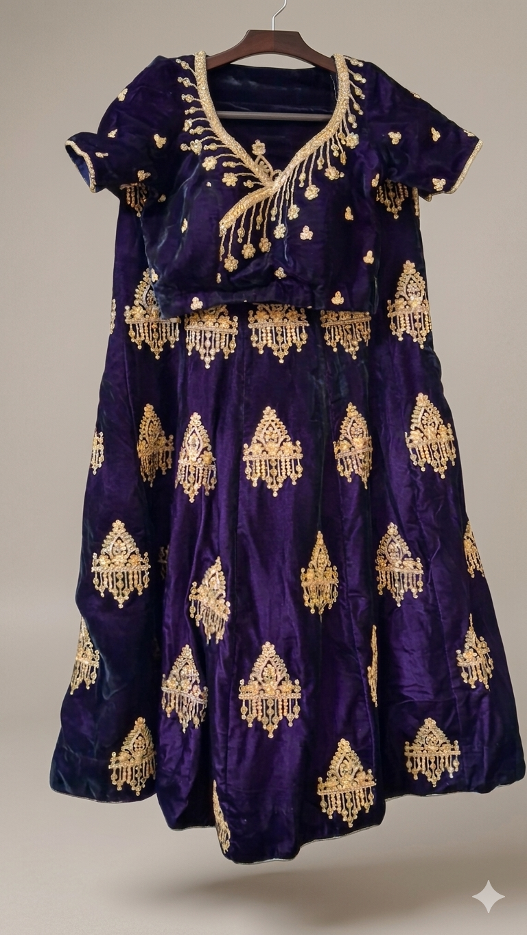 Premium deep Purple Velvet Lehenga Set with heavy golden embroidery. available for sale
