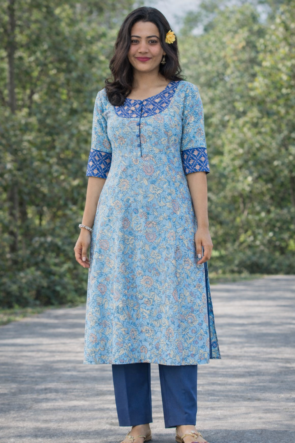 Stylish soft printed blue kurti and pants  available for sale