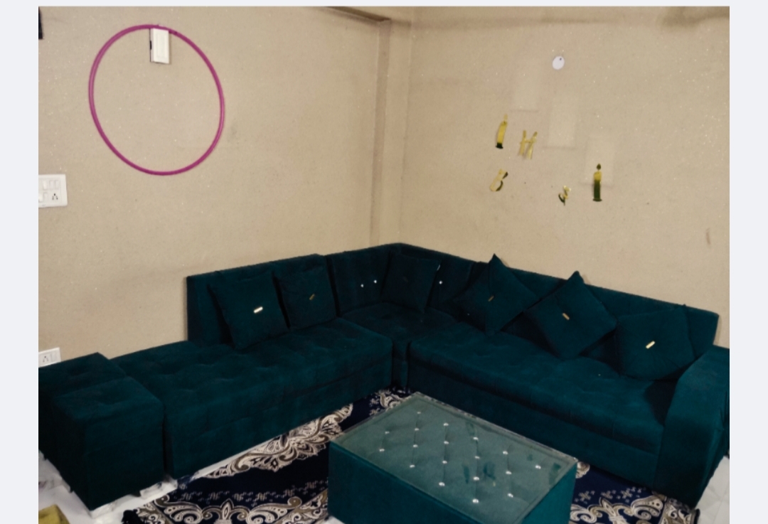7 Seater Soft Fabric L Shape Sofa Set With 1 Center Table 2 Puffy dark green available for sale