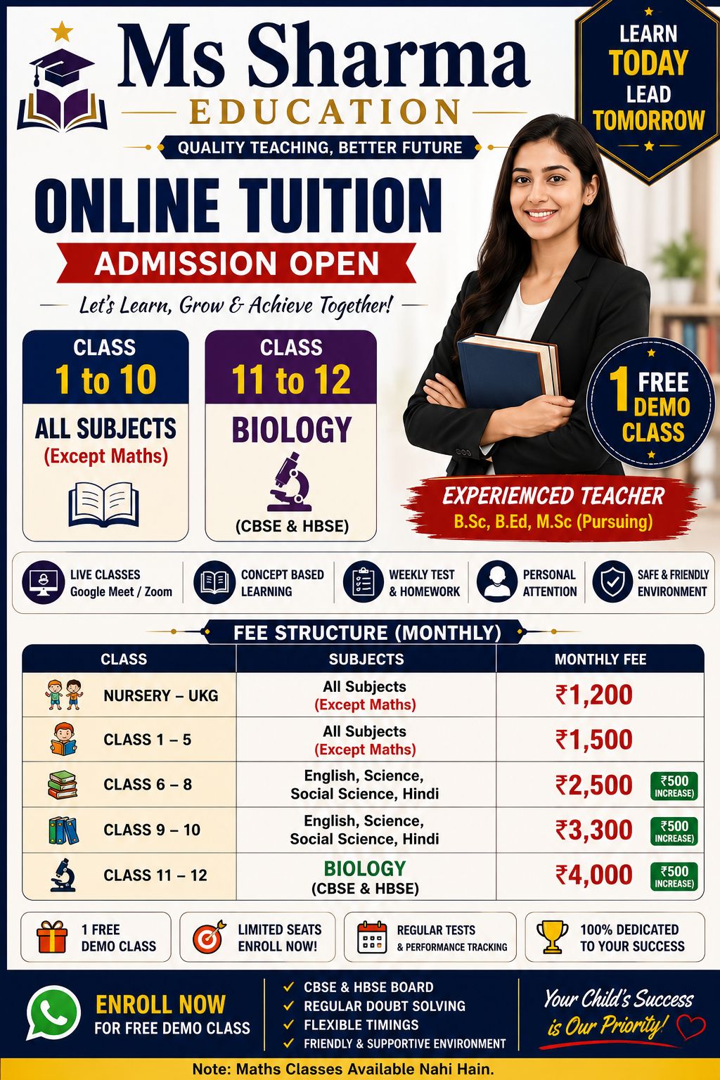 Ms Sharma Education | Online Tuition Available | Class 1–10 All Subjects (Except Maths) | Class 11–12 Biology | Free Demo Class