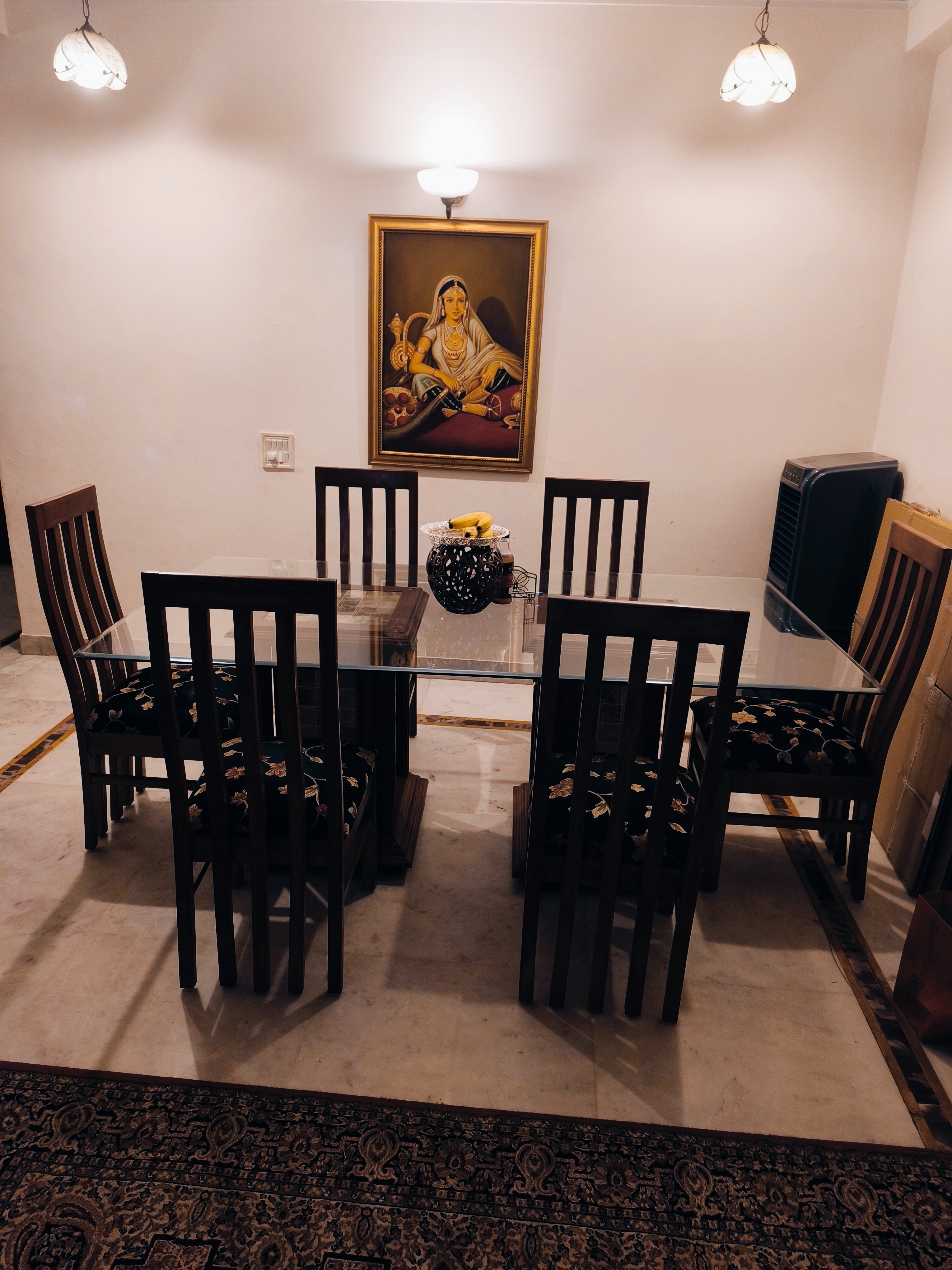 Six seater solid wood glass top dining table available for sale