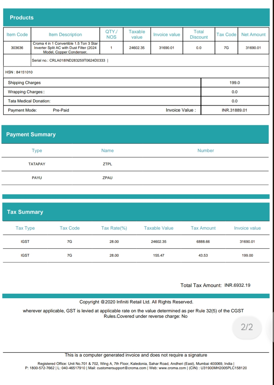 Croma Split AC available for sale